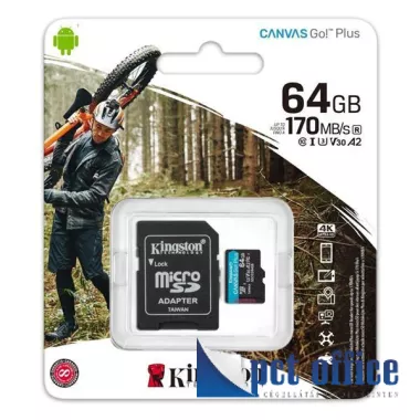 Memóriakártya, Micro SDXC, 64GB, Class 10, UHS-I,170 MB/s, adapterrel, KINGSTON Canvas Select
