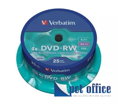 DVD-RW lemez, újraírható, 4,7GB, 4x, hengeren, VERBATIM 25 db-os