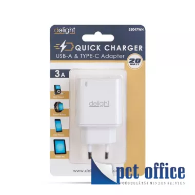 USB hálózati adapter 1X és Type-C PD20W gyorstöltő, fehér